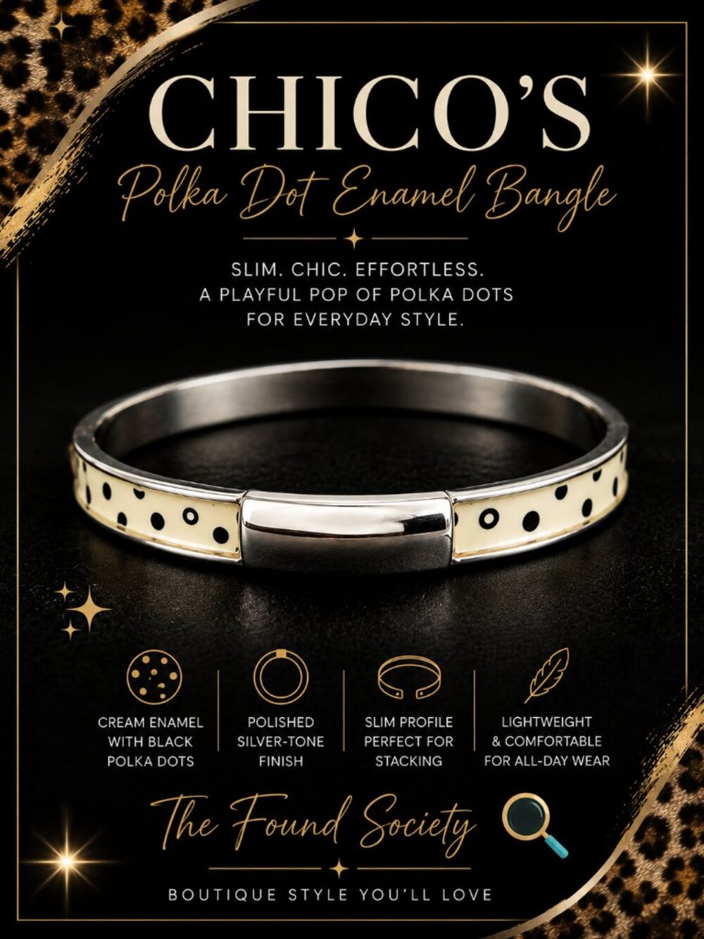 Chico's NWT Cream & Black Polka Dot Slim Enamel Bangle Bracelet